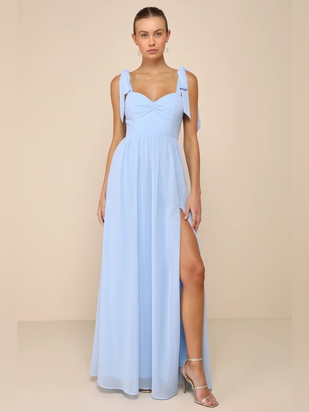 Lulu's Radiant Charisma Light Blue Chiffon Ruched Tie-Strap Maxi Dress Size L